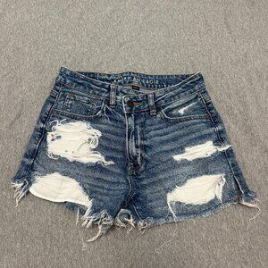 American Eagle Distressed Dark Wash Crossover Waist Jean Shorts Size 2